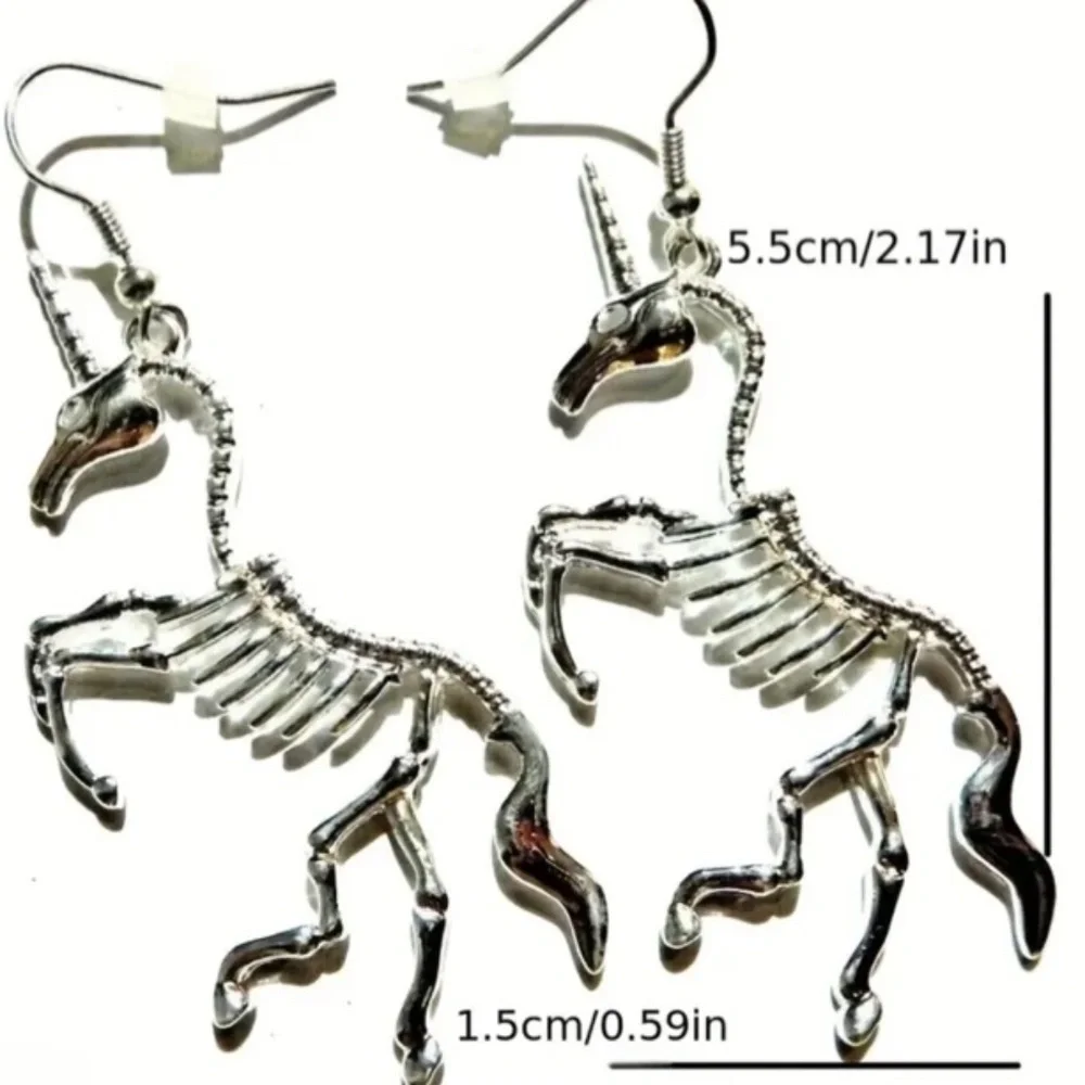 NIP Silver Tone Metal Unicorn Skeleton Pierced Dangle Earrings!